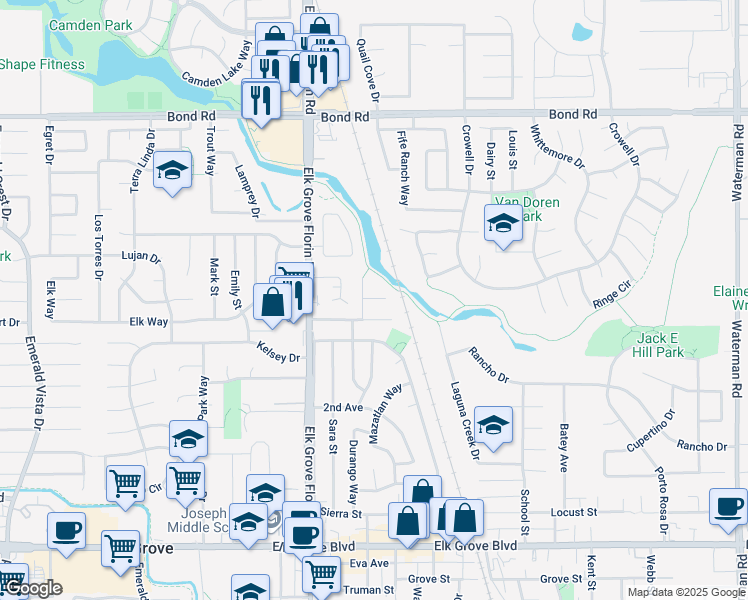 map of restaurants, bars, coffee shops, grocery stores, and more near 9344 Camada Court in Elk Grove