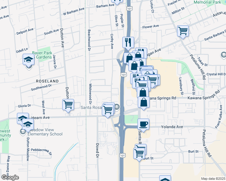map of restaurants, bars, coffee shops, grocery stores, and more near 357 Smokewood Drive in Santa Rosa