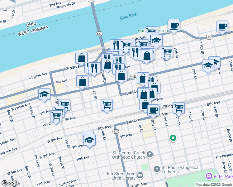 map of restaurants, bars, coffee shops, grocery stores, and more near 555 5th Avenue in Huntington