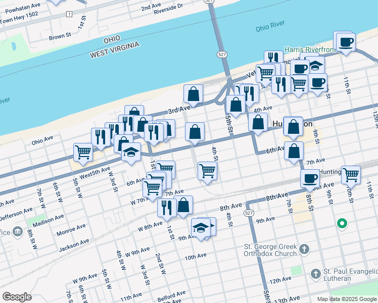 map of restaurants, bars, coffee shops, grocery stores, and more near 300 5th Avenue in Huntington