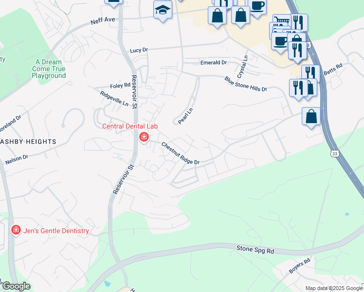 map of restaurants, bars, coffee shops, grocery stores, and more near 517 Gulburg Lane in Harrisonburg