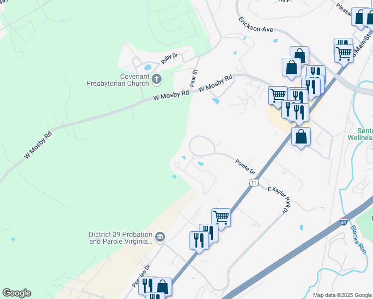 map of restaurants, bars, coffee shops, grocery stores, and more near 515 Pointe Drive in Harrisonburg