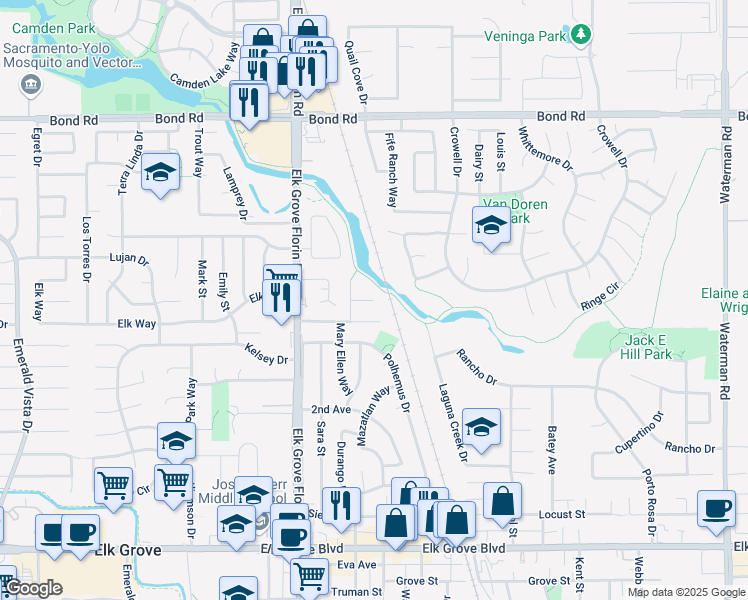 map of restaurants, bars, coffee shops, grocery stores, and more near 8971 Laguna Vista Court in Elk Grove