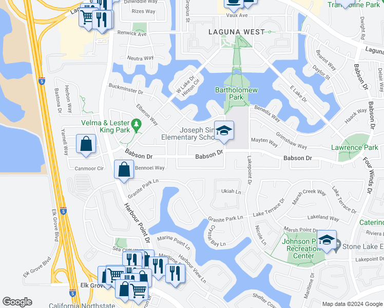 map of restaurants, bars, coffee shops, grocery stores, and more near 2825 Babson Drive in Elk Grove
