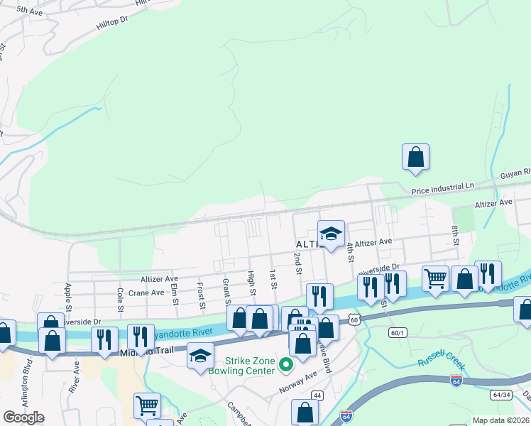 map of restaurants, bars, coffee shops, grocery stores, and more near 501-3899 Terrace Ave in Huntington