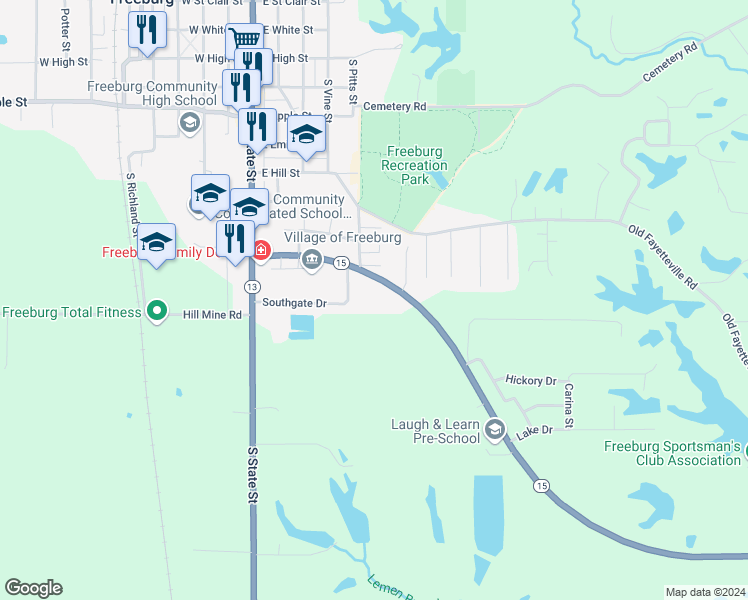 map of restaurants, bars, coffee shops, grocery stores, and more near 490 Urbanna Drive in Freeburg