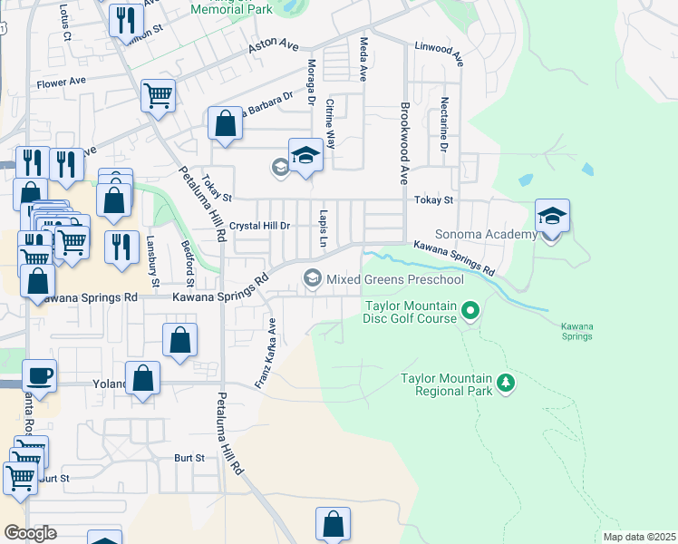 map of restaurants, bars, coffee shops, grocery stores, and more near 2571 Tanzanite Place in Santa Rosa