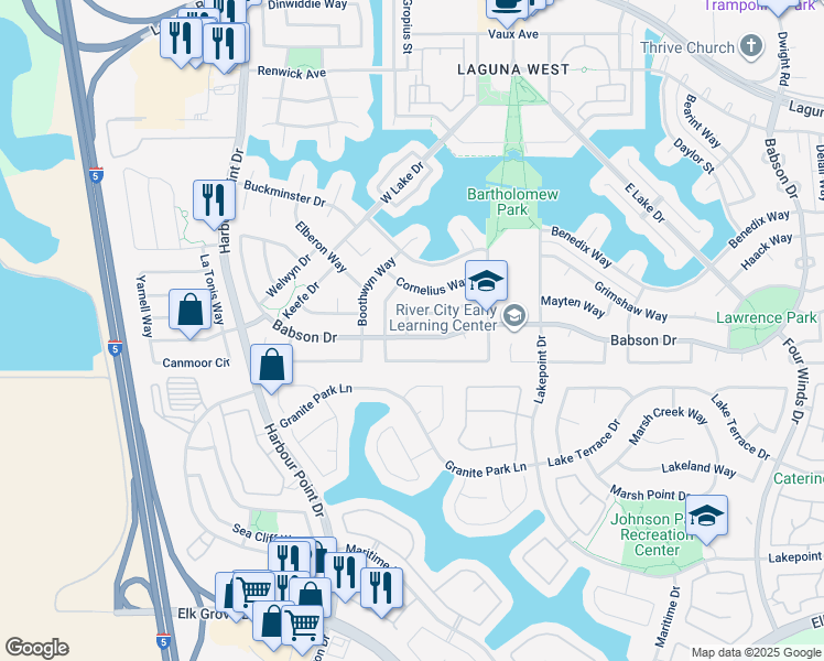 map of restaurants, bars, coffee shops, grocery stores, and more near 2821 Babson Drive in Elk Grove