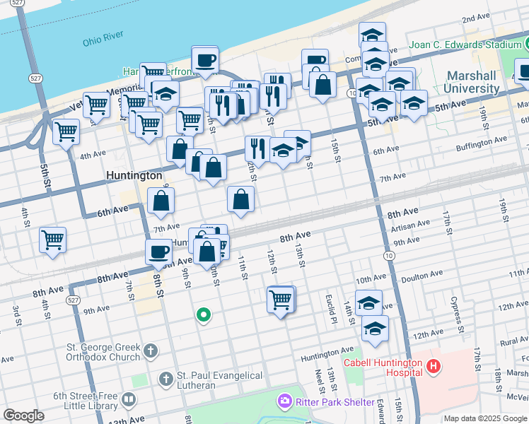 map of restaurants, bars, coffee shops, grocery stores, and more near 1201 7th Avenue in Huntington