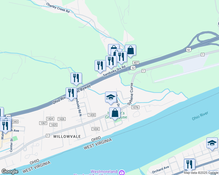 map of restaurants, bars, coffee shops, grocery stores, and more near 8978 County Road 1 in South Point