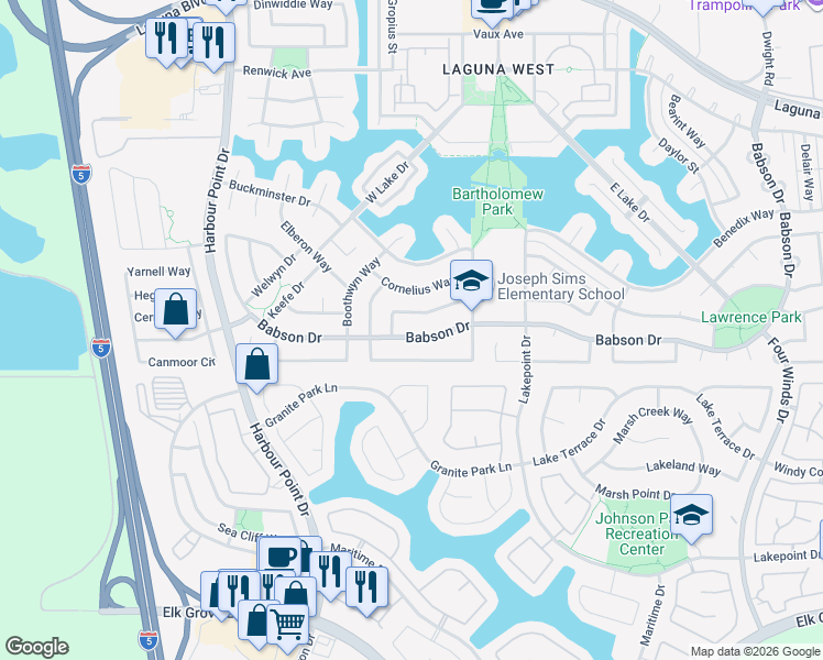 map of restaurants, bars, coffee shops, grocery stores, and more near 2833 Atterbury Way in Elk Grove