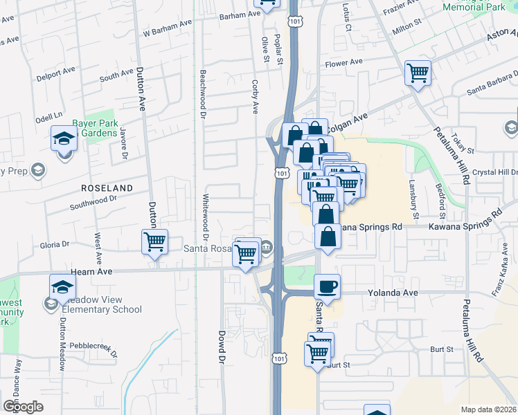 map of restaurants, bars, coffee shops, grocery stores, and more near 2290 Corby Avenue in Santa Rosa