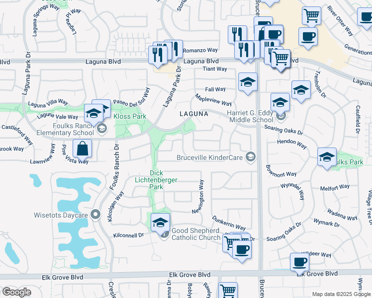 map of restaurants, bars, coffee shops, grocery stores, and more near 6908 Plume Way in Elk Grove