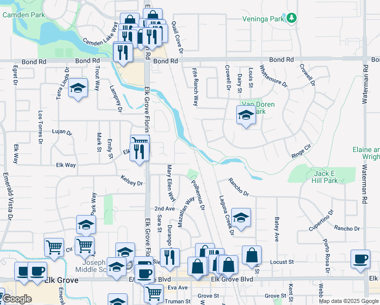 map of restaurants, bars, coffee shops, grocery stores, and more near 8971 Laguna Vista Court in Elk Grove