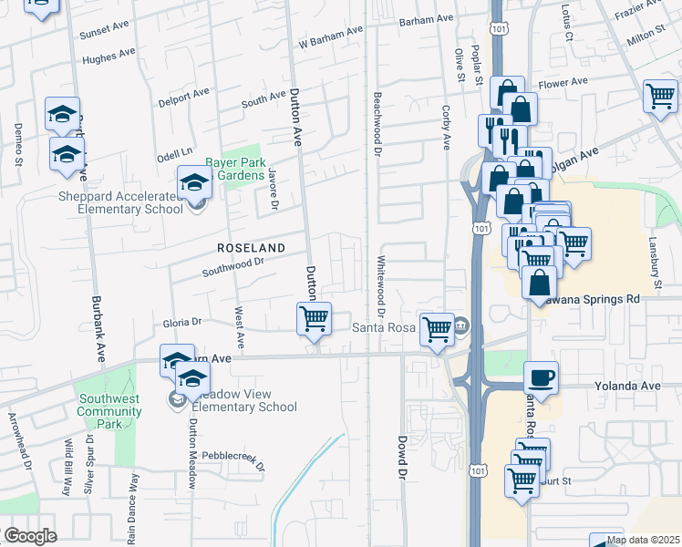 map of restaurants, bars, coffee shops, grocery stores, and more near 455 Pedrigal Place in Santa Rosa