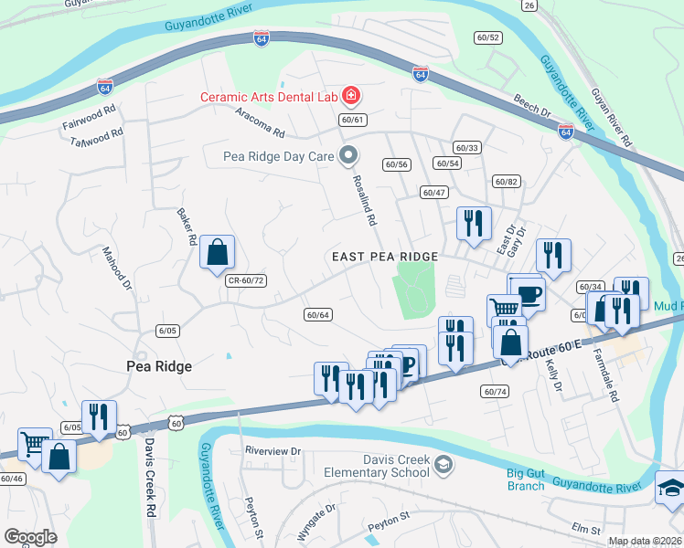 map of restaurants, bars, coffee shops, grocery stores, and more near 6116 5-8 East Pea Ridge Road in Huntington