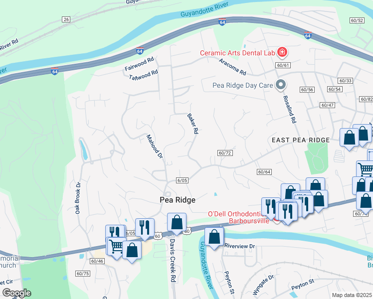 map of restaurants, bars, coffee shops, grocery stores, and more near 5957 County Road 60/43 in Huntington