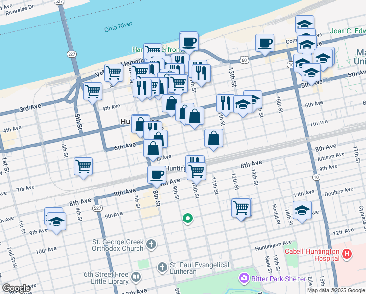 map of restaurants, bars, coffee shops, grocery stores, and more near 949 6th Avenue in Huntington