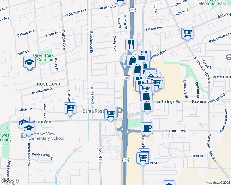 map of restaurants, bars, coffee shops, grocery stores, and more near 357 Smokewood Drive in Santa Rosa