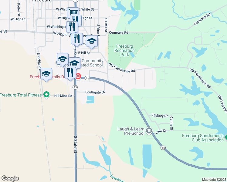 map of restaurants, bars, coffee shops, grocery stores, and more near 490 Urbanna Drive in Freeburg