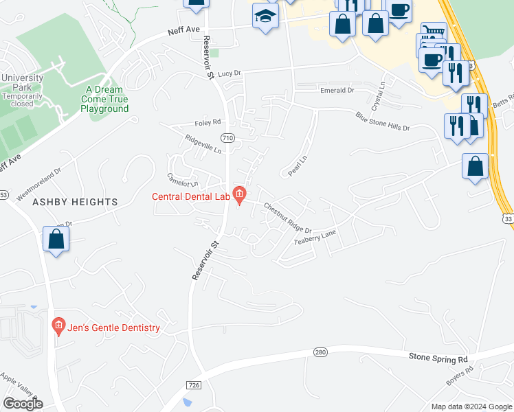 map of restaurants, bars, coffee shops, grocery stores, and more near 2405 Avonlea Lane in Harrisonburg