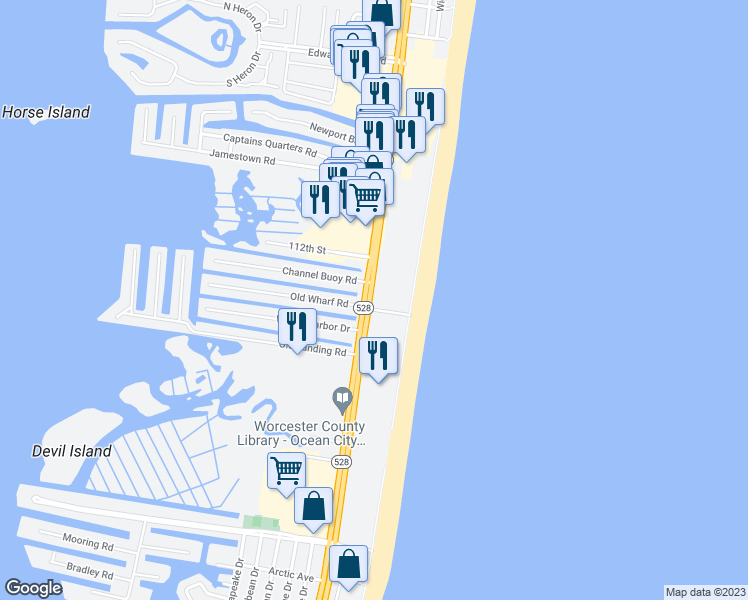 map of restaurants, bars, coffee shops, grocery stores, and more near in Ocean City
