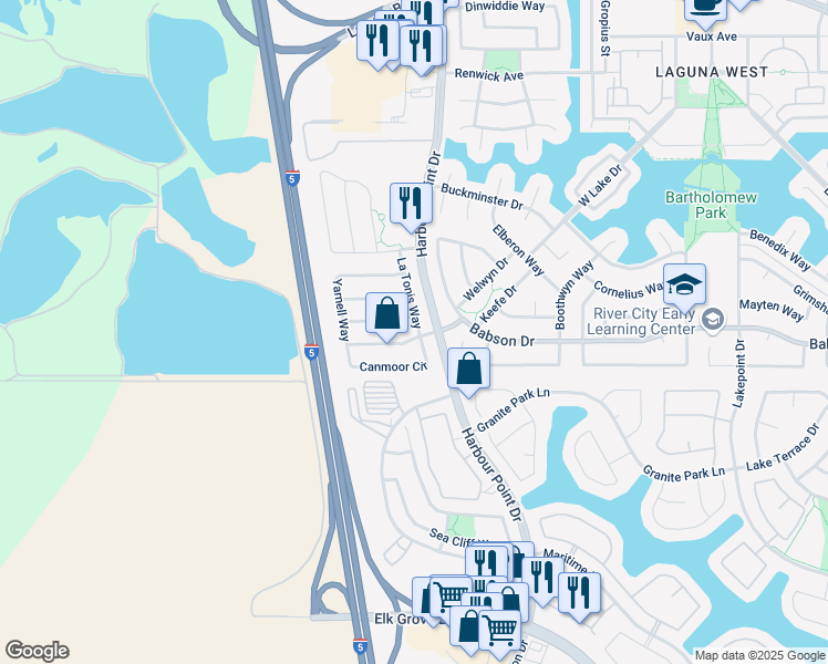 map of restaurants, bars, coffee shops, grocery stores, and more near 2309 Galen Drive in Elk Grove