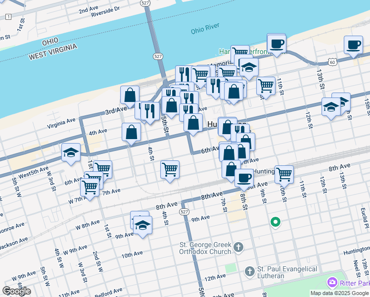 map of restaurants, bars, coffee shops, grocery stores, and more near 555 5th Avenue in Huntington