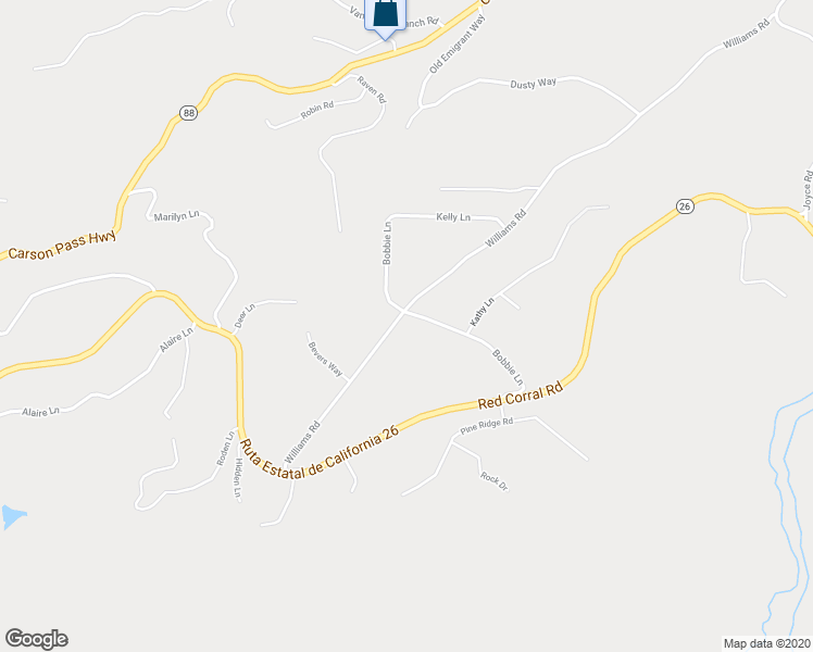 map of restaurants, bars, coffee shops, grocery stores, and more near 14515 Bobbie Lane in Pioneer