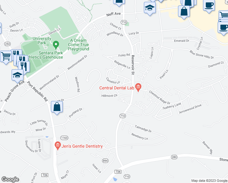 map of restaurants, bars, coffee shops, grocery stores, and more near 728 Hillmont Circle in Harrisonburg