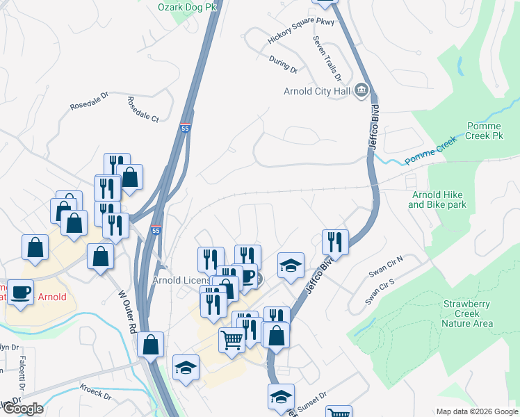 map of restaurants, bars, coffee shops, grocery stores, and more near 2005 Saint Christopher Way in Arnold