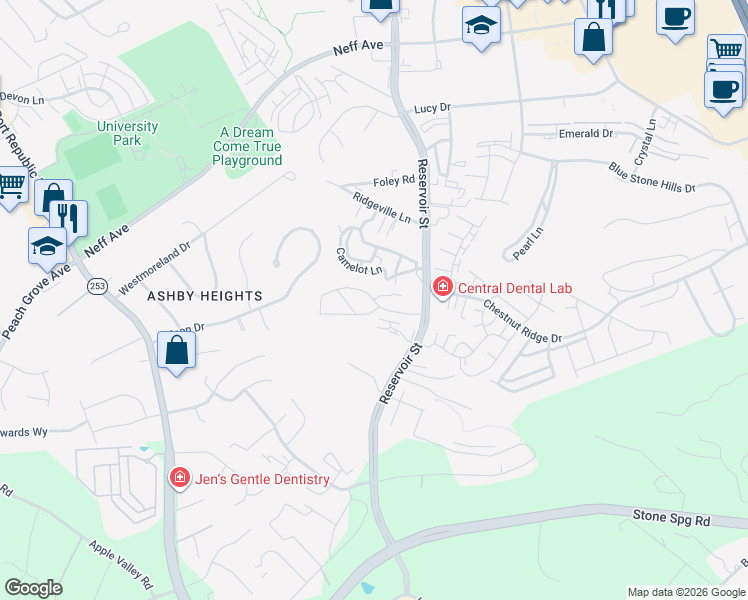 map of restaurants, bars, coffee shops, grocery stores, and more near Hillmont Circle in Harrisonburg