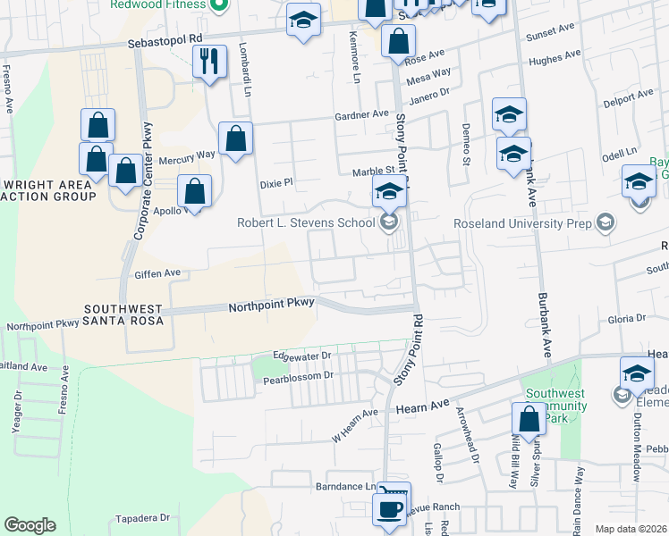 map of restaurants, bars, coffee shops, grocery stores, and more near 2495 Giffen Avenue in Santa Rosa