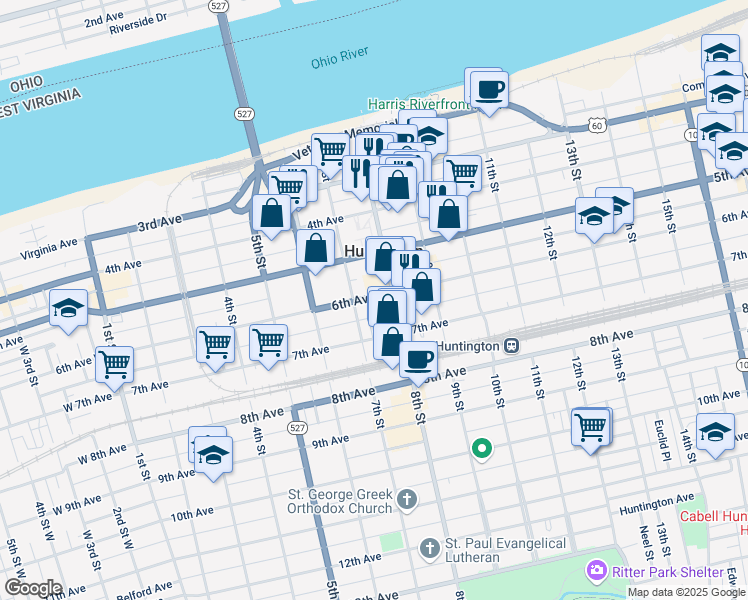 map of restaurants, bars, coffee shops, grocery stores, and more near 718 6th Avenue in Huntington