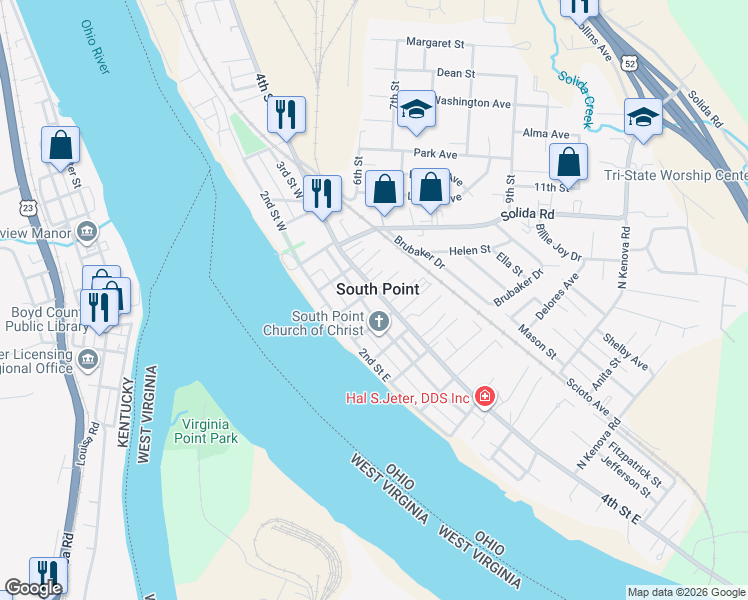 map of restaurants, bars, coffee shops, grocery stores, and more near in South Point