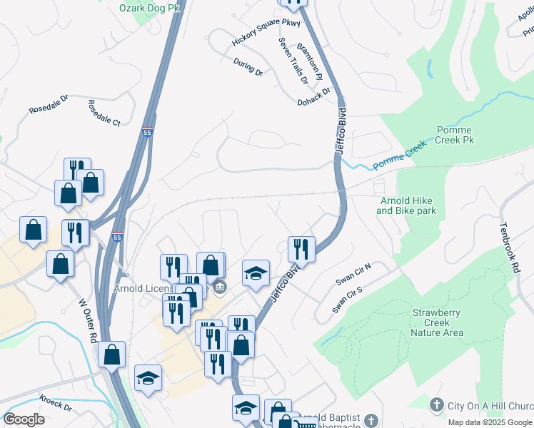 map of restaurants, bars, coffee shops, grocery stores, and more near 1586 Laverne Drive in Arnold