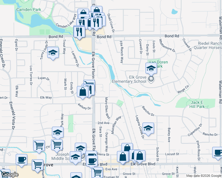 map of restaurants, bars, coffee shops, grocery stores, and more near 8951 Laguna Vista Court in Elk Grove