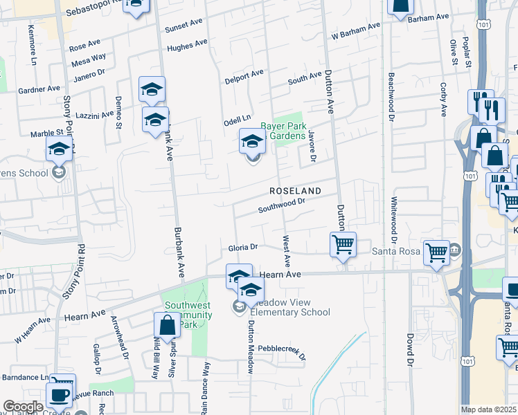 map of restaurants, bars, coffee shops, grocery stores, and more near 743 Southwood Drive in Santa Rosa
