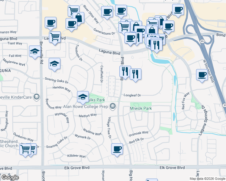 map of restaurants, bars, coffee shops, grocery stores, and more near 8440 Crystal Walk Circle in Elk Grove