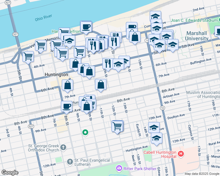 map of restaurants, bars, coffee shops, grocery stores, and more near 1216 7th Avenue in Huntington
