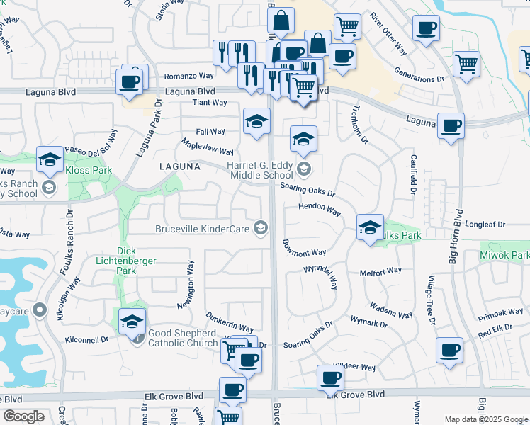 map of restaurants, bars, coffee shops, grocery stores, and more near 9365 Ivydale Circle in Elk Grove