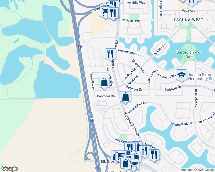 map of restaurants, bars, coffee shops, grocery stores, and more near 2225 Cermak Way in Elk Grove