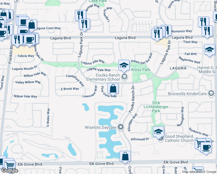 map of restaurants, bars, coffee shops, grocery stores, and more near 9363 Sunny Glade Court in Elk Grove