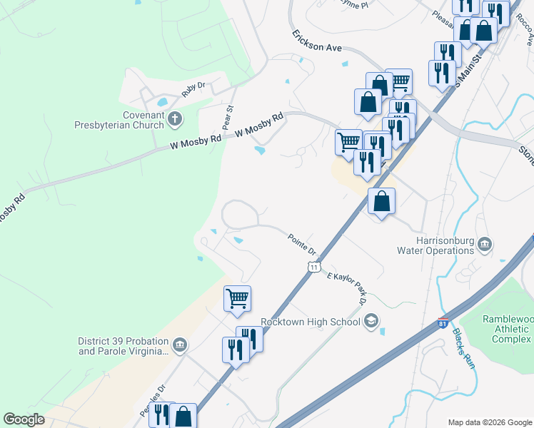 map of restaurants, bars, coffee shops, grocery stores, and more near 2850 Prairie Lane in Harrisonburg