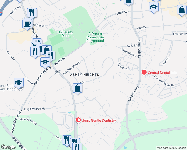 map of restaurants, bars, coffee shops, grocery stores, and more near 1223 Woodcrest Circle in Harrisonburg