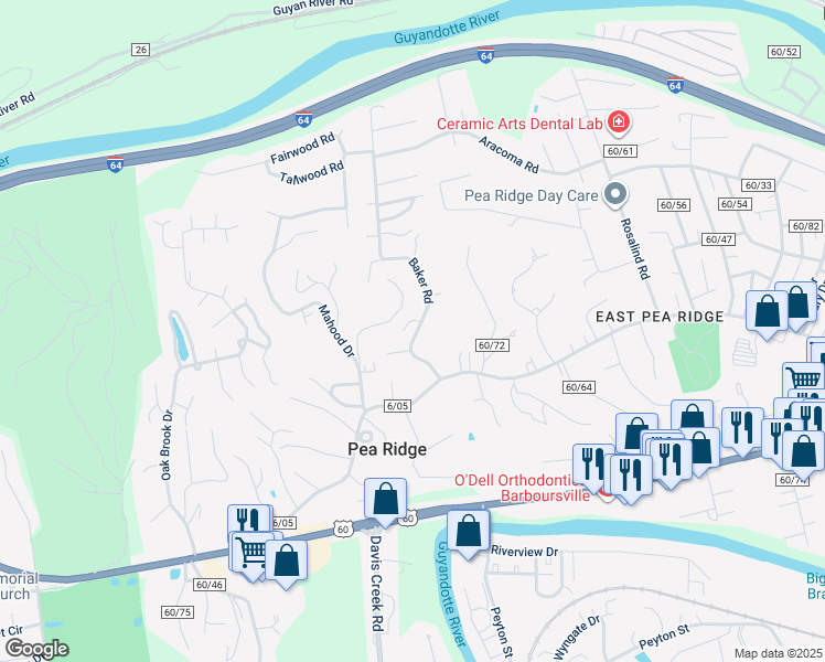 map of restaurants, bars, coffee shops, grocery stores, and more near 5957 County Road 60/43 in Huntington
