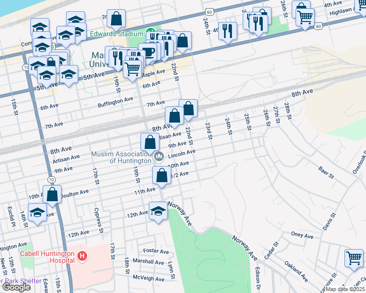 map of restaurants, bars, coffee shops, grocery stores, and more near 2200 9th Avenue in Huntington