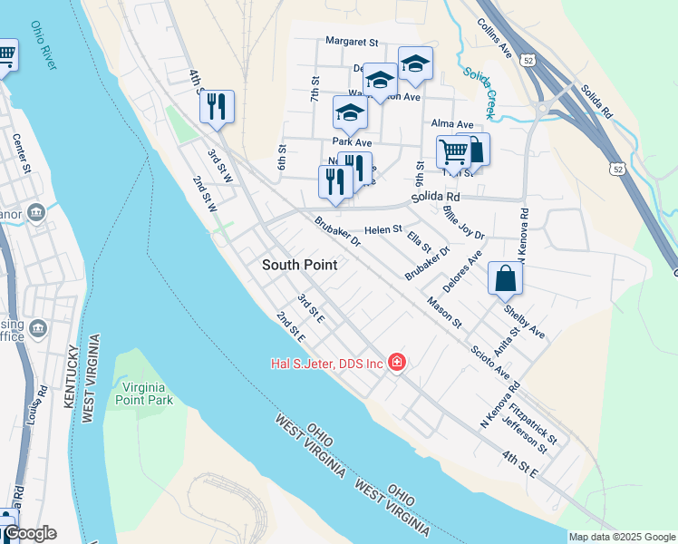 map of restaurants, bars, coffee shops, grocery stores, and more near 403 4th Street East in South Point