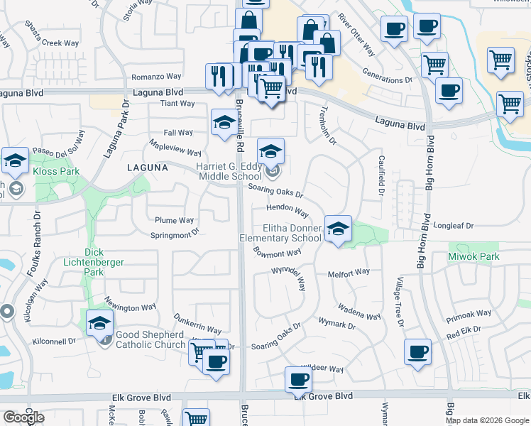map of restaurants, bars, coffee shops, grocery stores, and more near 9355 Carrcroft Drive in Elk Grove
