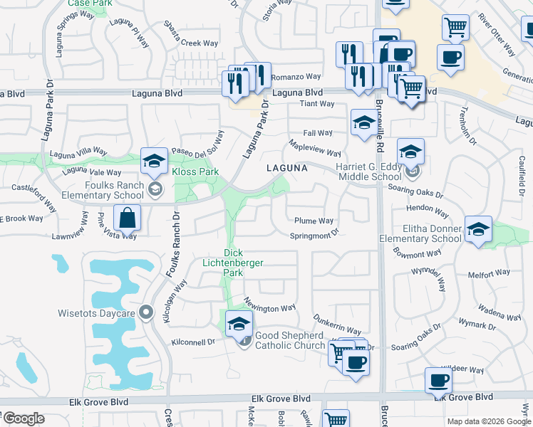 map of restaurants, bars, coffee shops, grocery stores, and more near 6640 Koster Way in Elk Grove